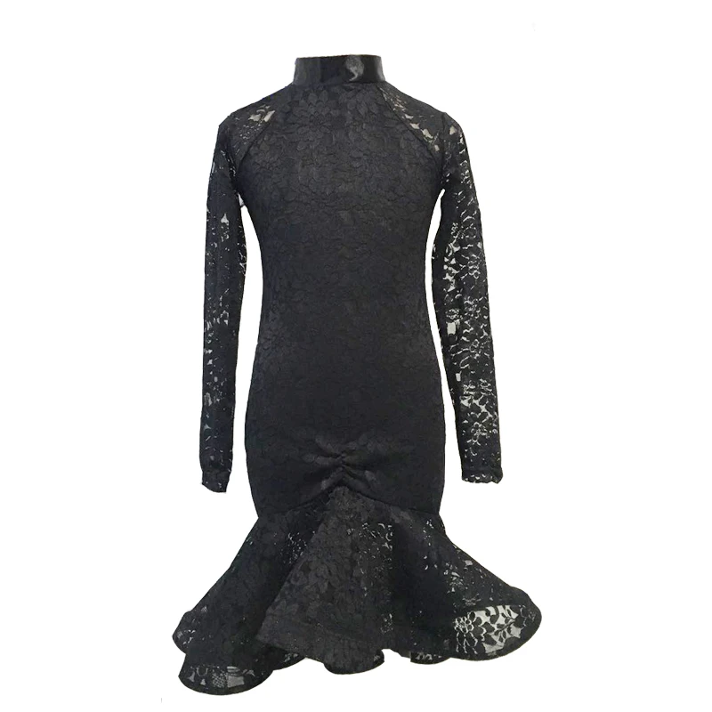 Black Lace Girls Latin Dance Dress for Skirt long Sleeves sslsa Ballroom Samba Dancing Dresses Kids Mini | Тематическая одежда и