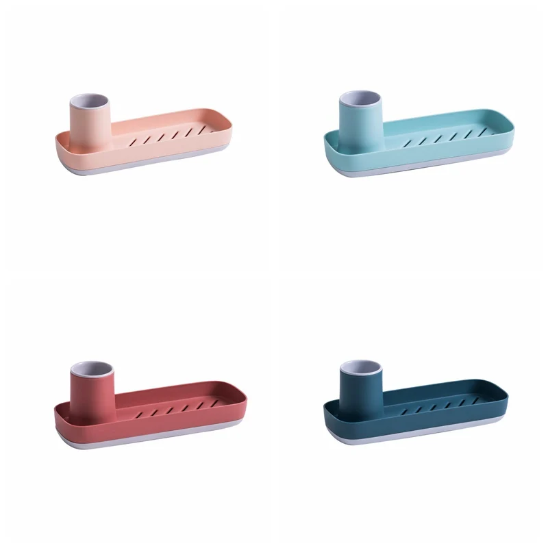 

Plastic Kitchen Sink Countertop Caddy Sponge Brush Holder Organizer Tray With Strainer Bottom