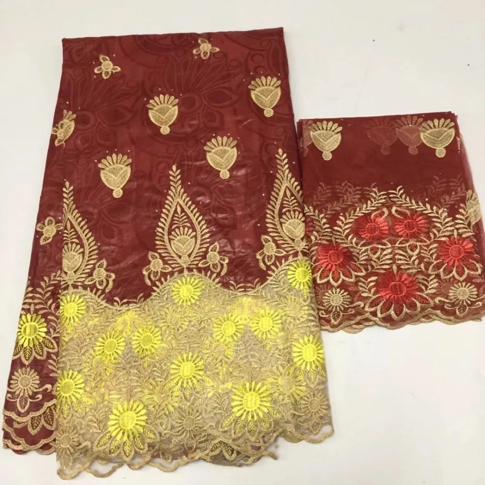 2018 красный 5 + 2 Базен Riche кружева с блузкой африканскими камнями кружевной ткани