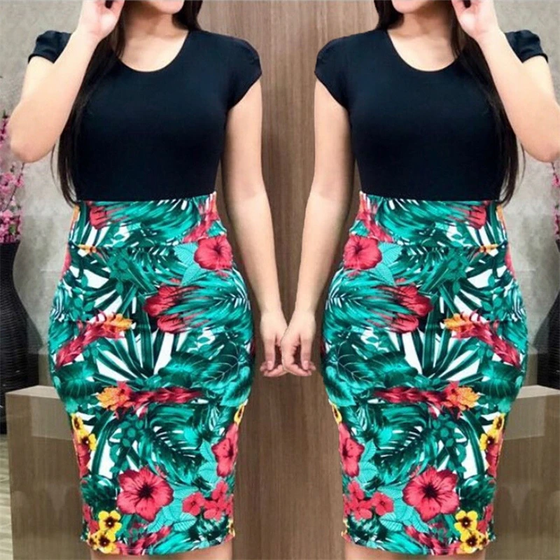 Лидер продаж женские платья Vestidos короткий рукав цветочный принт пэчворк