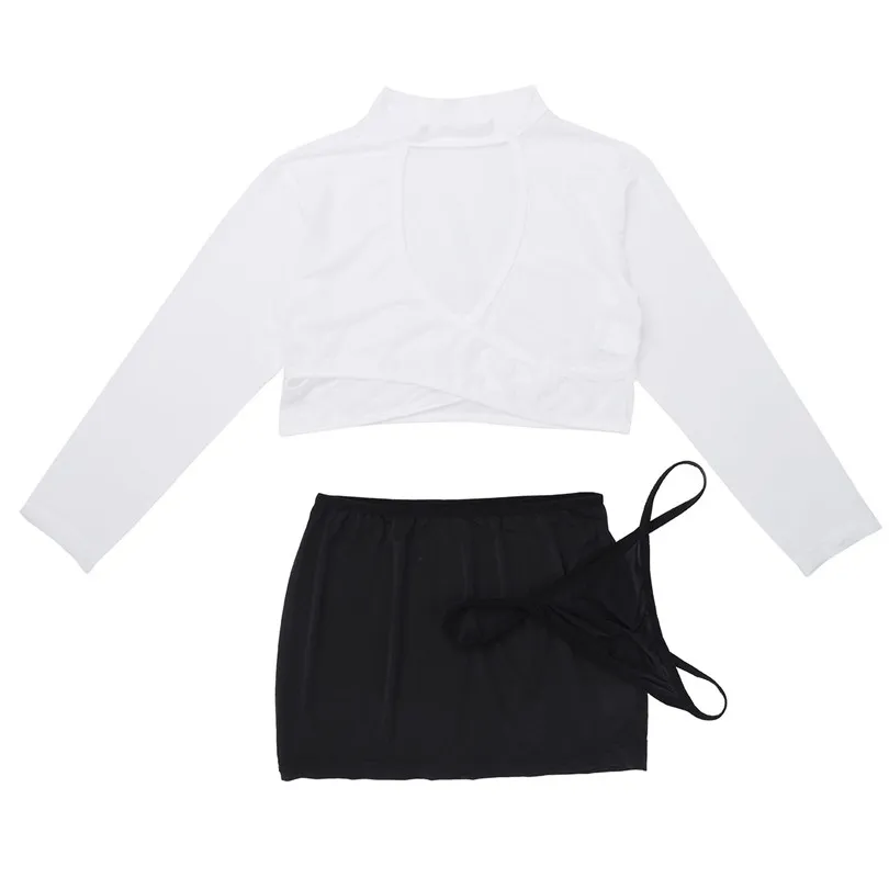 Женские Модные Косплэй костюм секретарши форма сексуальный костюм Slim Fit Одежда с длинным рукавом укороченный топ с мини-юбка и стринги - Цвет: White