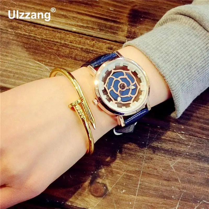 Роскошные Стильные кварцевые часы с циферблатом из розового золота цветком и