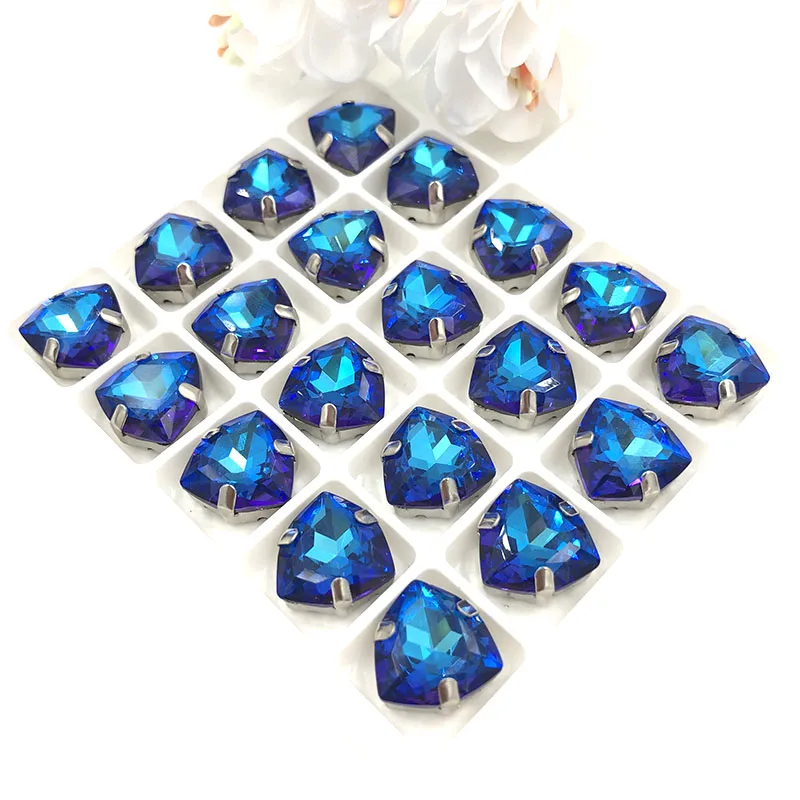 

high quality K9 glass sew on rhinestones with claw 12mm Fat Triangle Blue light Crystal rhinestones for diy/clothing accessories