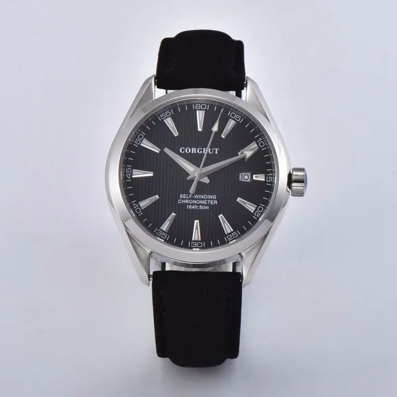 black dial Роскошные Corgeut автоматические часы Механические мужские кожаные Наручные часы сапфировые водонепроницаемые спортивные повседневные мужские часы - Цвет: black dial