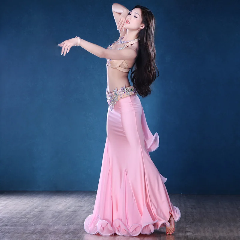 3pcs bra belt skirt Роскошный бюстгальтер со стразами+ пояс+ шифоновая длинная юбка+ ожерелье+ браслет 5 шт. комплект для танца живота для женщин костюм для выступлений - Цвет: 3pcs bra belt skirt
