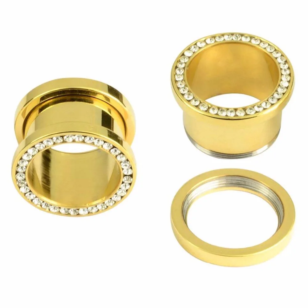 Wholesale Rim CZ Gem Stainless Steel Anodized Gold Screw Fit Ear Gauge Plugs Flesh Tunnels 80 Pieces 4mm-16mm SRP003 | Украшения и
