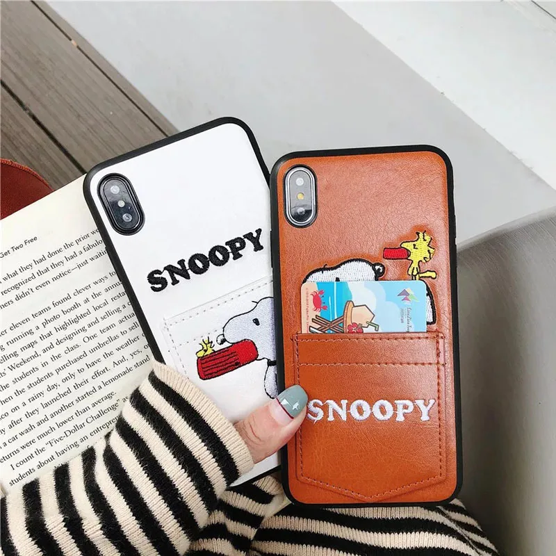 New Cartoon cute Embroidery cartoon snoopy Card Pocket Phone Case For iPhone X 6 6s 7 8 Plus XR XS Max Leather Soft Cover Fundas |