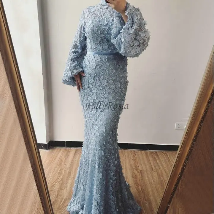 

Светильник-голубые оригинальные Арабские Вечерние платья Русалка кружевные цветы модные элегантные женские вечерние платья с длинным рукавом