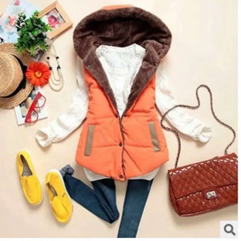 lady autumn winter sleeveless vest with cap cotton and cashmere blended warm khaki orange thick tops fashion casual outwear | Женская