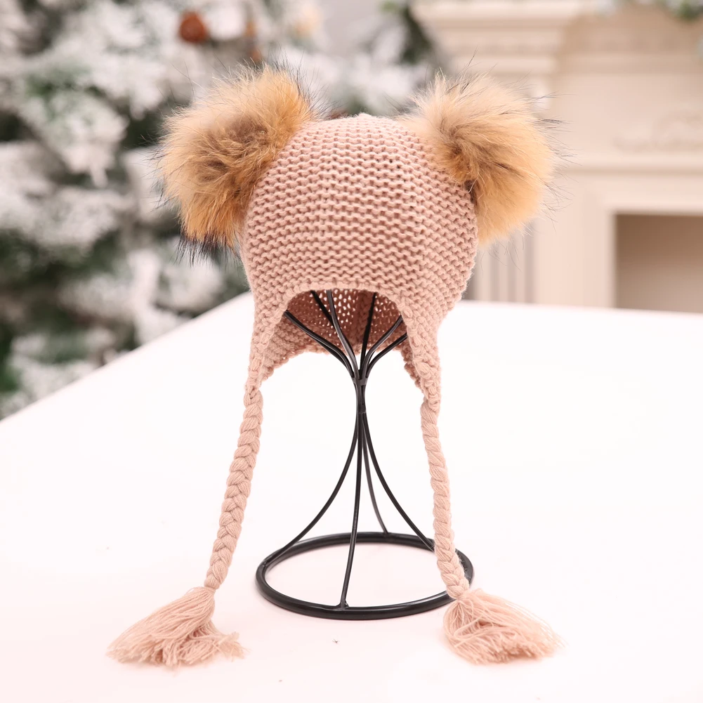 Winter Newborn Baby Kid Girl Warm Knit Beanie Hat Pom Beret Crochet Hemming Cap Double Spheres Braid Woolen 1-5T | Детская одежда и