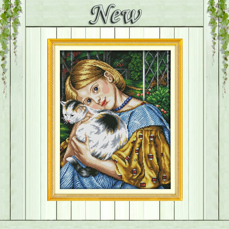Европейская Красота Девушка и Кот (3) живопись рисунок напечатанный на холсте DMC