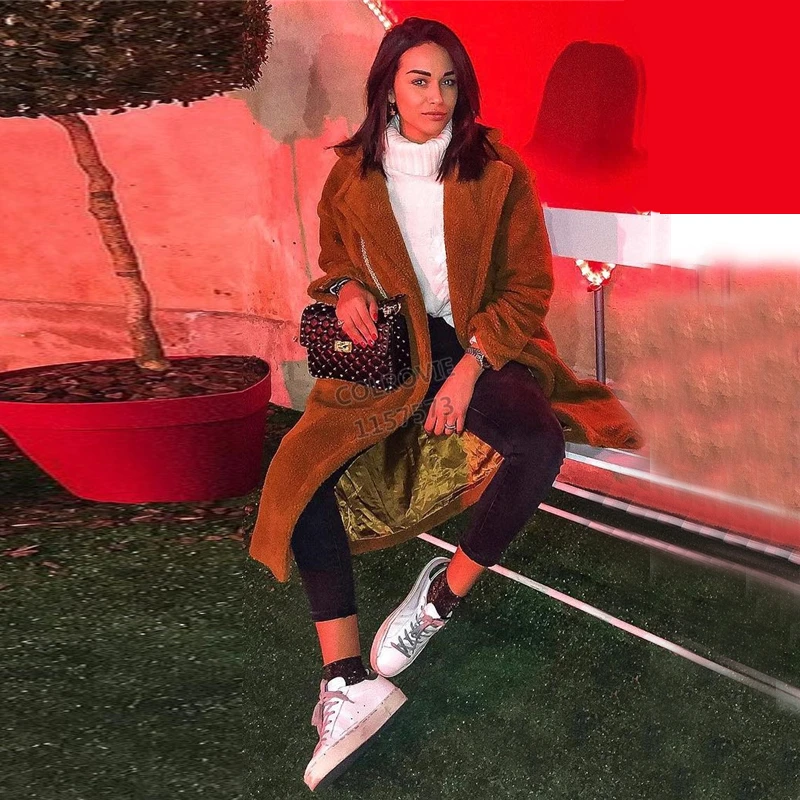 COLROVIE Brown Solid Pocket Open Front Casual Teddy Coat Women Autumn Fashion Warm Long Coat Office Ladies Elegant Outwear