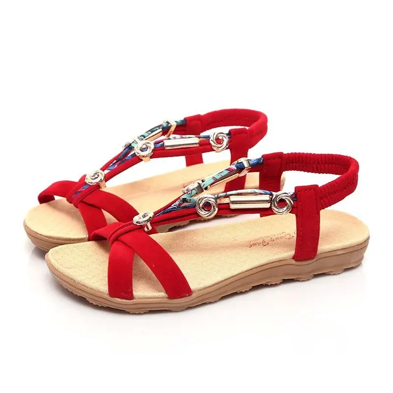 sweet Brand women shoes woman sandals Ankle-Wrap Flock Elastic band Floral Front &amp Rear Strap Flat with String Bead A465A | Обувь