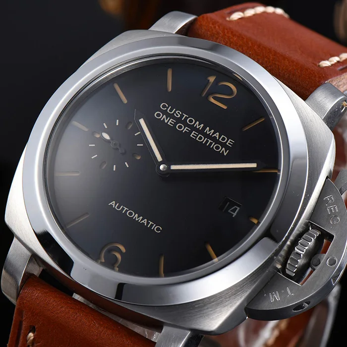 PARNIS 42 мм автоматический механизм Мужские часы высокое качество коричневый кожаный ремешок матовый серебристый 316L нержавеющая сталь чехол HZ-1