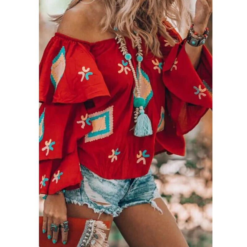 Lipswag 3XL Sexy Off Shoulder Printed Blouse Women Double Ruffles Flare Sleeve Shirt Slash Neck Blusas Tops Plus Size | Женская одежда