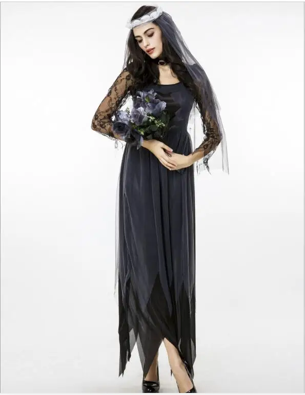 

Vampire Zombie Cosplay Black Ghost Bride Costumes Witch Princess Mesh Dress and Head Wear Set Halloween Costumes For Women