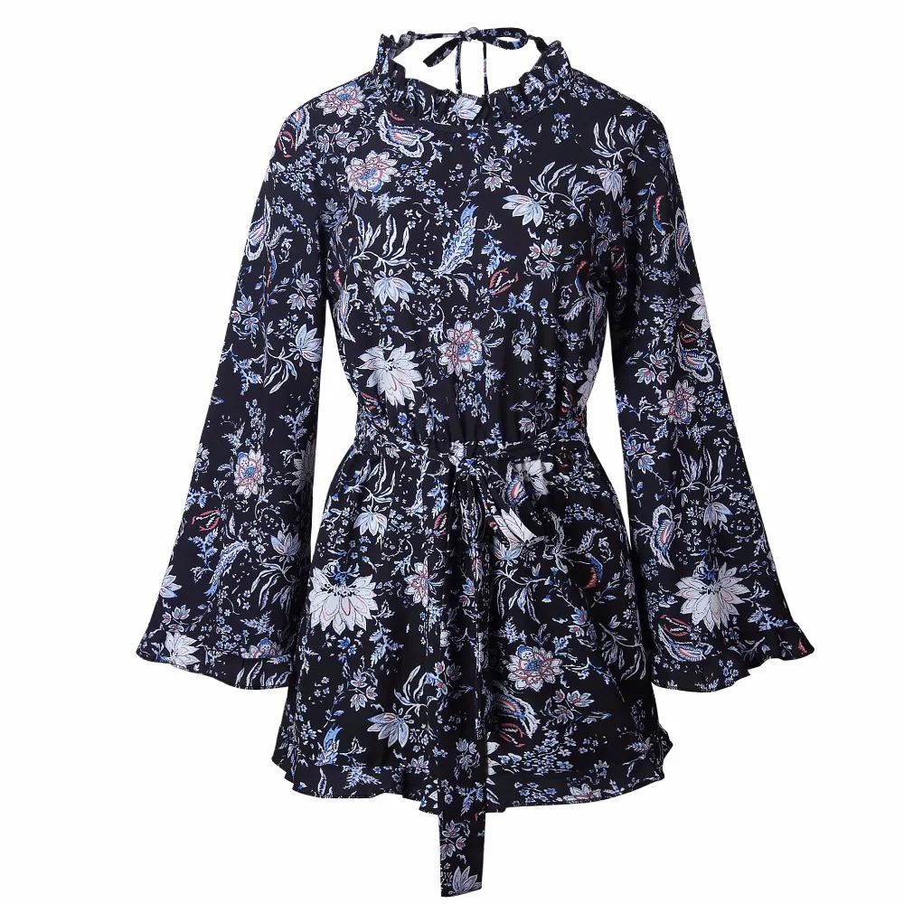 2017 новые винтажные с цветочным принтом комбинезон длинным рукавом Раффлед Стенд