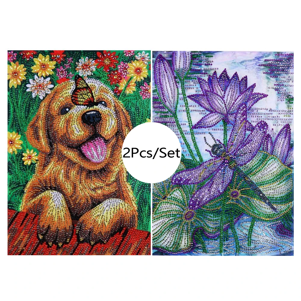 

2Pcs/set 5D Special Shaped Diamond Painting Dog Butterfly Flowers Diamond Animal Diamond Embroidery Cross Stitch Decoration