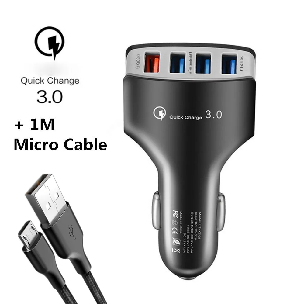 Black Micro Cable Faichoy 4 порта Переходник USB для зарядки в машине с кабелем Универсальный QC3.0 автомобильное зарядное устройство мобильный телефон автомобильное зарядное устройство для iPhone samsung huawei - Тип штекера: Black Micro Cable