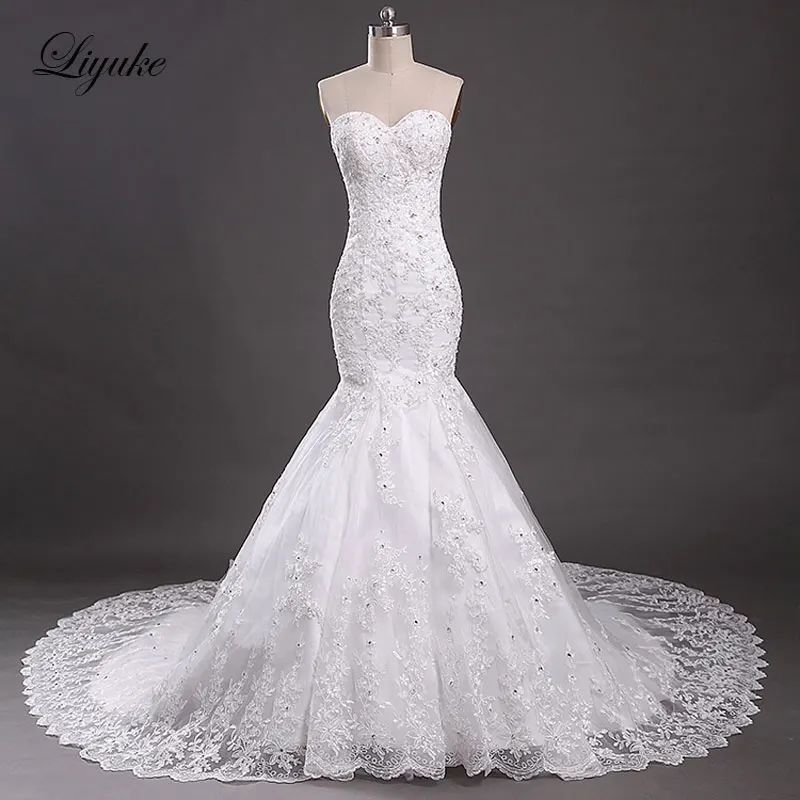 Elegant Embroidery Tulle Sweetheart Mermaid Wedding Dresses Appliques Beading Off The Shoulder Chapel Train Bridal | Свадьбы и