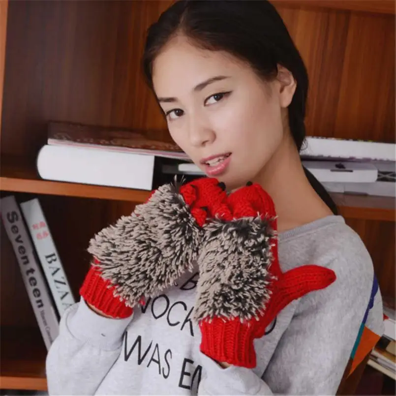 Перчатки CHSDCSI с рисунком ежика для женщин прекрасная зимняя теплая пушистые