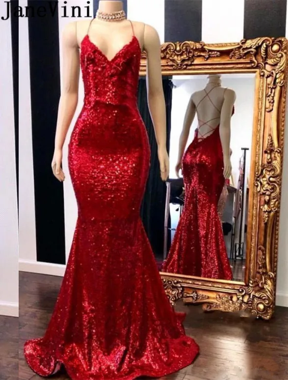 

JaneVini Bling Sequined Red mermaid Evening Dress Long 2019 Sexy V-Nevk Backless Robes Longues Ladies Events Party Dress Custom