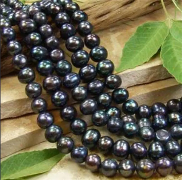 

5Strands 7-8MM AA+ Black Akoya Pearl Round Loose Beads Women Fashion Jewelry Pearl Beads Semi-finished Necklace 14inch Wholesale