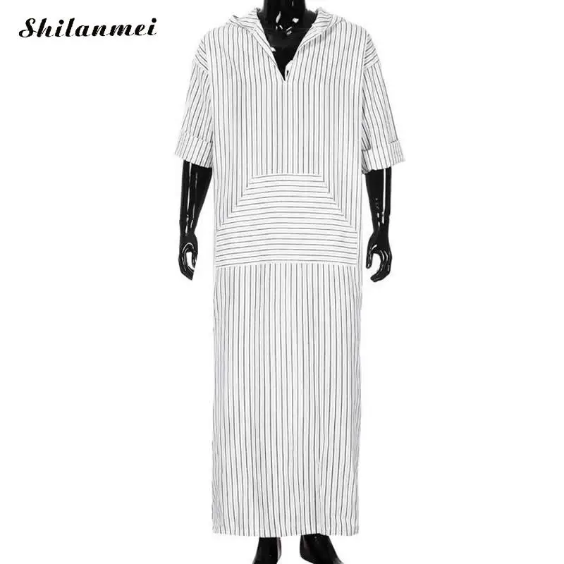 Jubah одежда для мужчин белый Мусульманский Исламский абаи Арабский Кафтан с капюшоном полосатый длинный рукав халат Свободные повседневные Карманы мусульманский