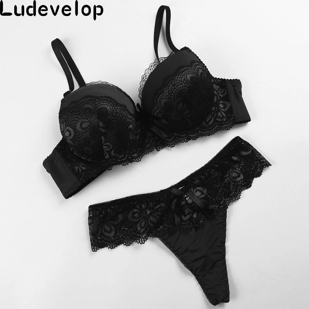 Черный Ludevelop женский сексуальный модный кружевной интимный комплект хлопок наборы бюстгальтер+ трусы нижнее белье для молодых девушек Тонкий удобный комплект с бюстгальтером - Цвет: Черный