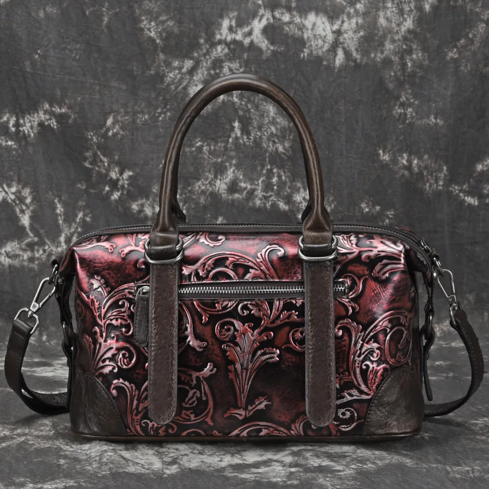 Женская сумка из натуральной воловьей кожи с ручным тиснением и начесом на одно