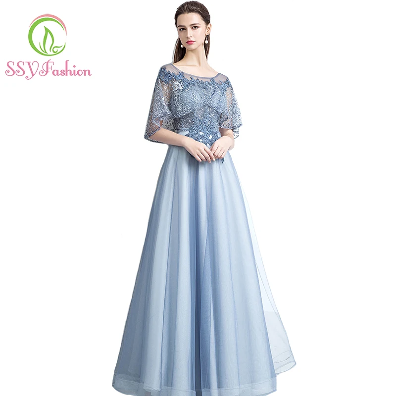 Ssyfashion Новый Банкетная элегантный серый синий кружевное вечернее платье с