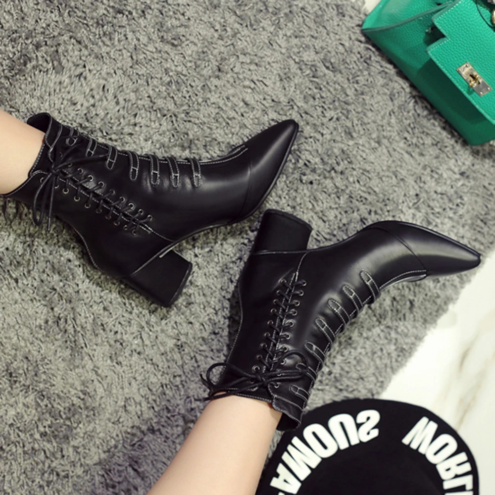 

Meotina Winter Real Leather Boots Ankle Boots Women Rivet Pointed Toe Buckle Thick High Heel Punk Boots Zip Ladies Shoes Black