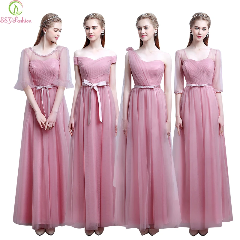 

Robe De Soiree SSYFashion, милые розовые платья подружки невесты, 4 вида стилей, мягкое фатиновое вечернее платье длиной до пола, на заказ, платья для вып...