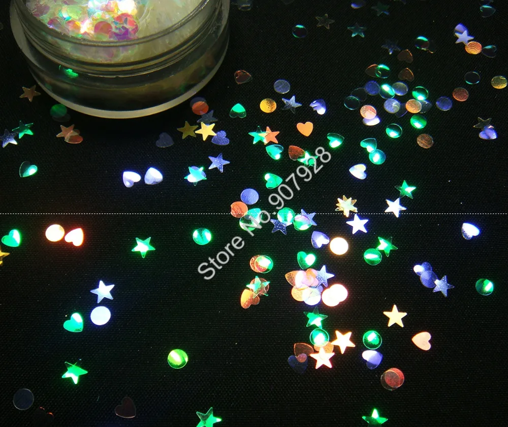 

Mix Nail Glitter Heart Round Star Iridescent White Color with colorful tint powder for acrylic nail, gel polish nail and make up