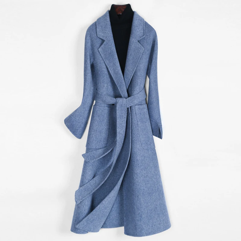 Женское двубортное кашемировое пальто классическое длинное из смешанной шерсти