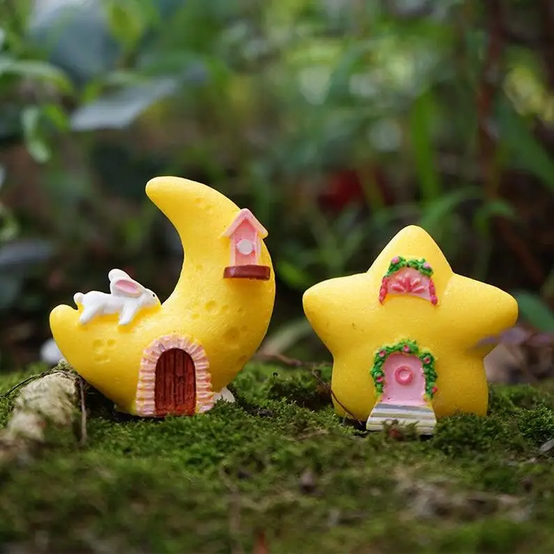 2pcs Moon and Star House Fairy Garden Supplies Set of 2 Miniature Tiny Fairytale Terrarium DIY Accessories | Дом и сад