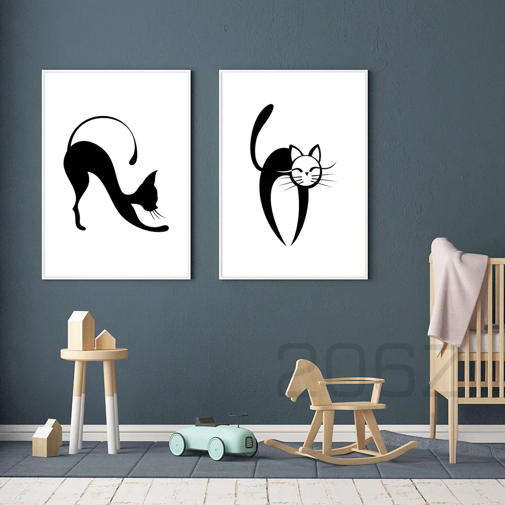 Черный Белый Абстрактный кот животное настенная живопись холст скандинавские