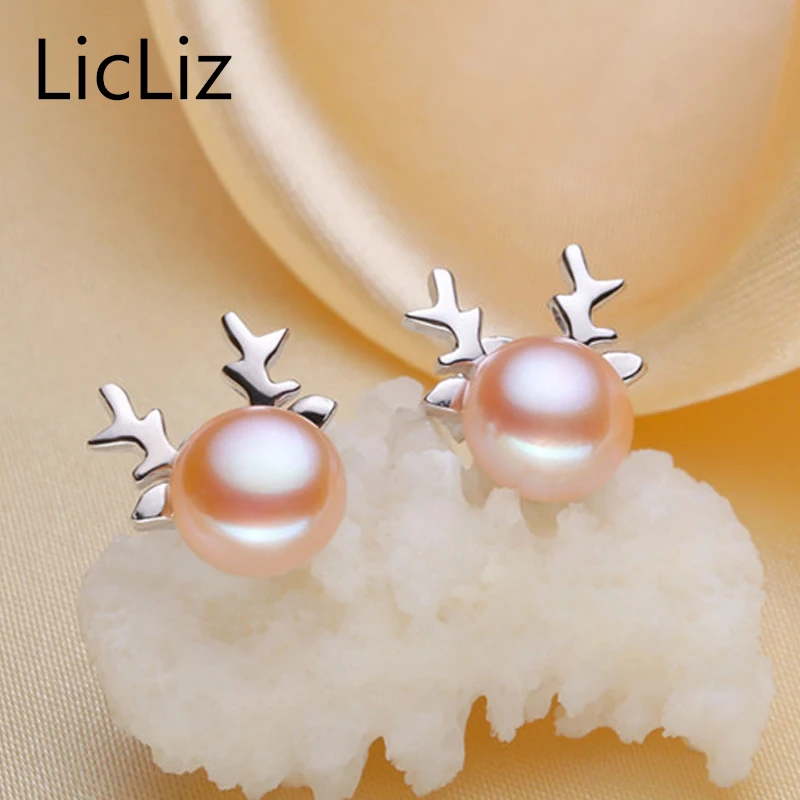 LicLiz Freshwater Pearl Deer Earrings Women Christmas Gift Natural Stone Stud 925 Silver Animal Earing Studs LAE0039 Украшения и