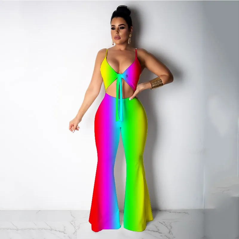 Женский комбинезон с радужным галстуком краской обтягивающие сексуальные