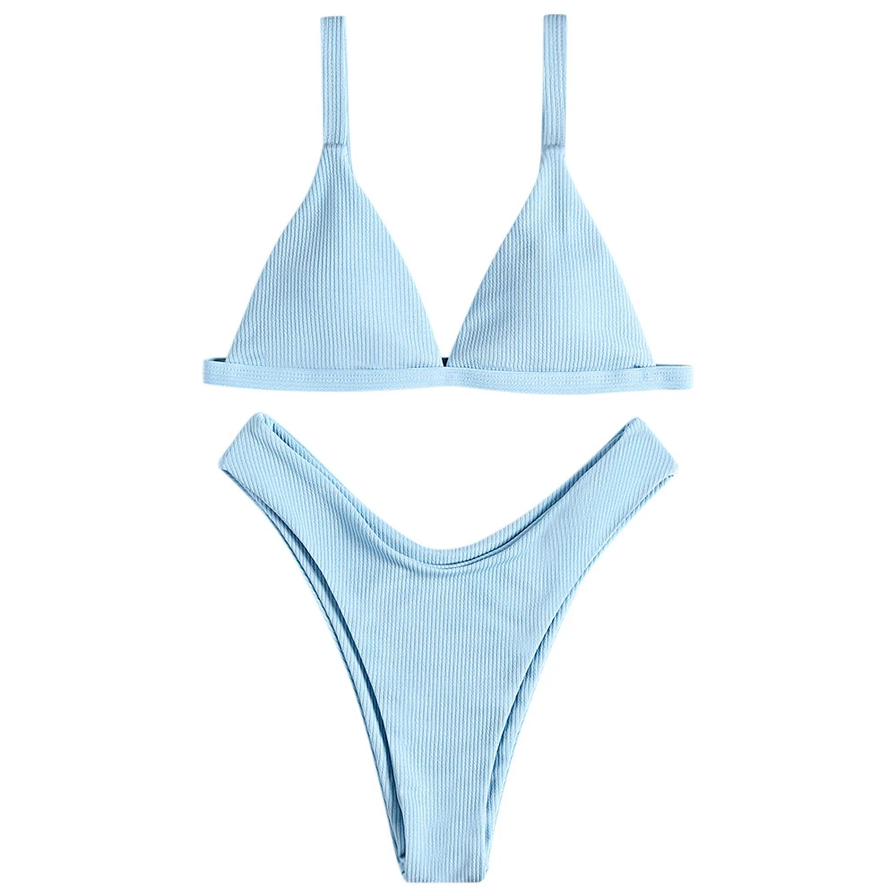 Женский бразильский купальник бикини с высокой талией голубой купальный костюм