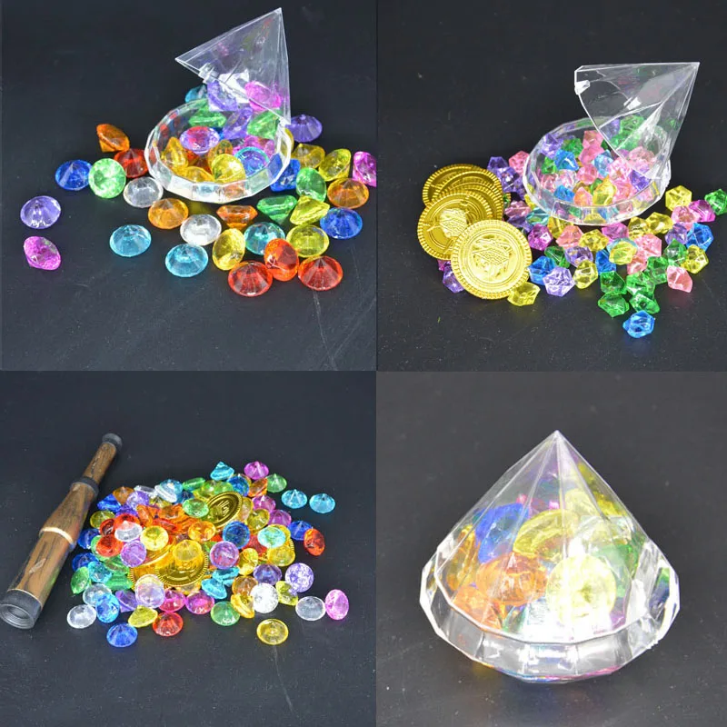 

Plastic Gold Treasure Coin Captain Pirate Coin Crystal Diamond Treasure Box Acrylic Stones Gem Toys For Boys