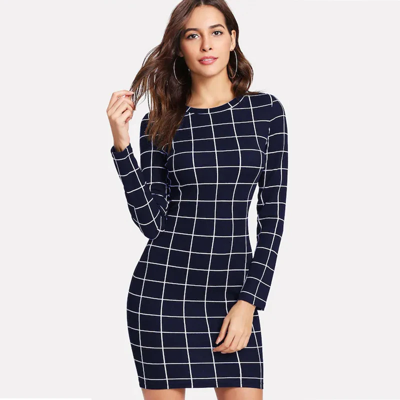 Винтажное клетчатое облегающее зимнее платье женское 2018 осеннее черное с