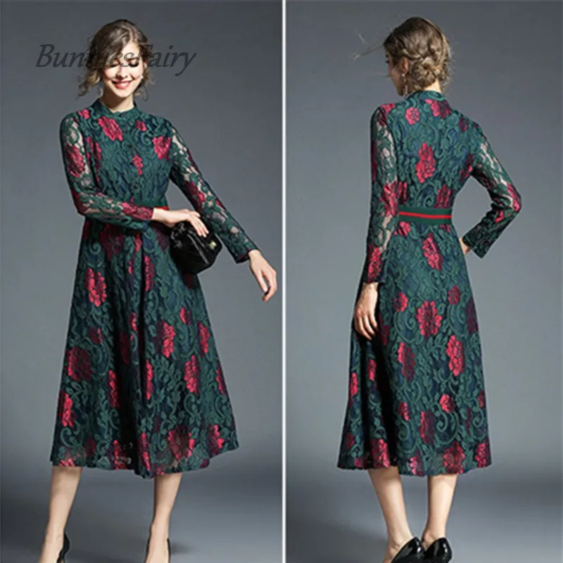 BunniesFairy/2018 весеннее однобортное кружевное платье со стоячим воротником и