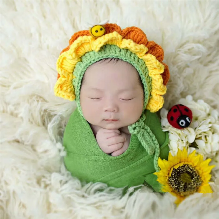 Newborn Photography Props Baby Hats Caps Sunflower Hat Photo Knitted Cap Studio Accessories | Детская одежда и обувь