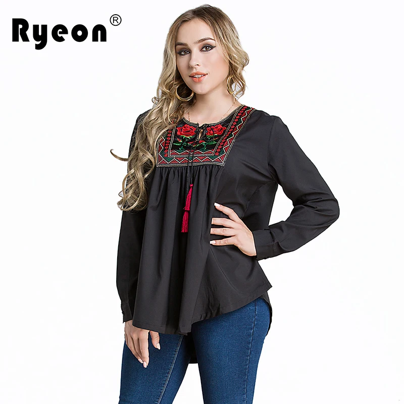 Ryeon Plus Size Women Blouse Shirt Embroidery Tassel Ethnic Sexy Black Casual Loose Long Sleeve Cotton Blouse7xl 6xl 5xl |