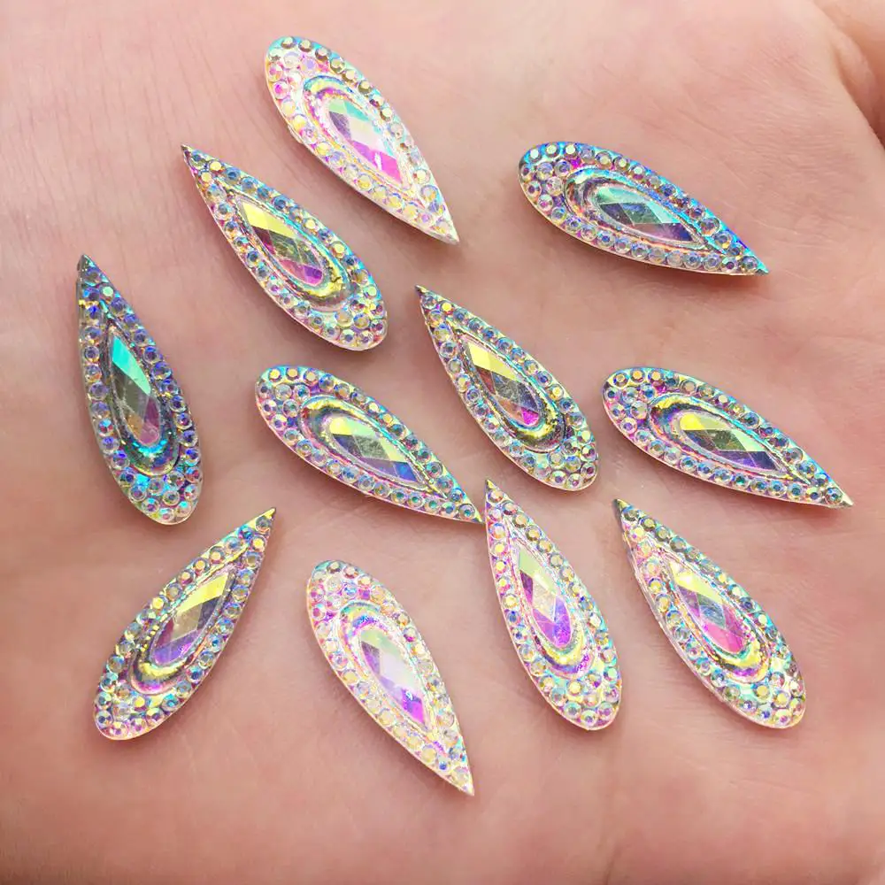 

60PCS shiny AB Resin 6*20mm Peacock eye drop Flat back rhinestone half Bead wedding ornament DIY jewelry making PF601