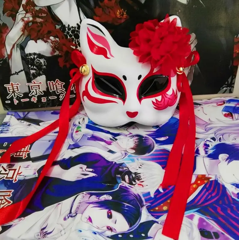 style3 Ручной росписью половина Уход за кожей лица японский лиса ПВХ Kitsune маска с шифоновым цветком ленты маскарадные карнавальные маски Косплэй Хэллоуин - Цвет: style3