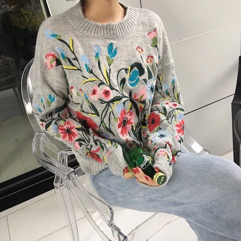CHICEVER Spring Embroidery Floral Women Sweater Jumper Top Long Sleeve Pullovers O neck Female Sweaters Clothes Fashion Korean Женская