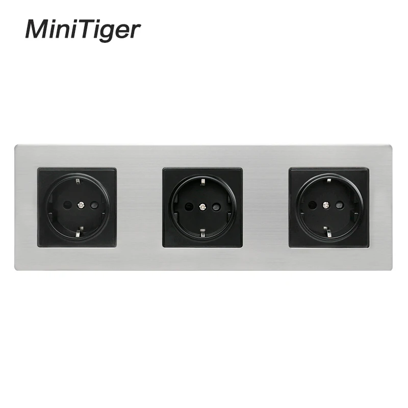 

Тройная настенная розетка Minitiger, нержавеющая сталь, 16 А, европейская, русская, испанская розетка, серебристая, черная, защитная дверь для детей