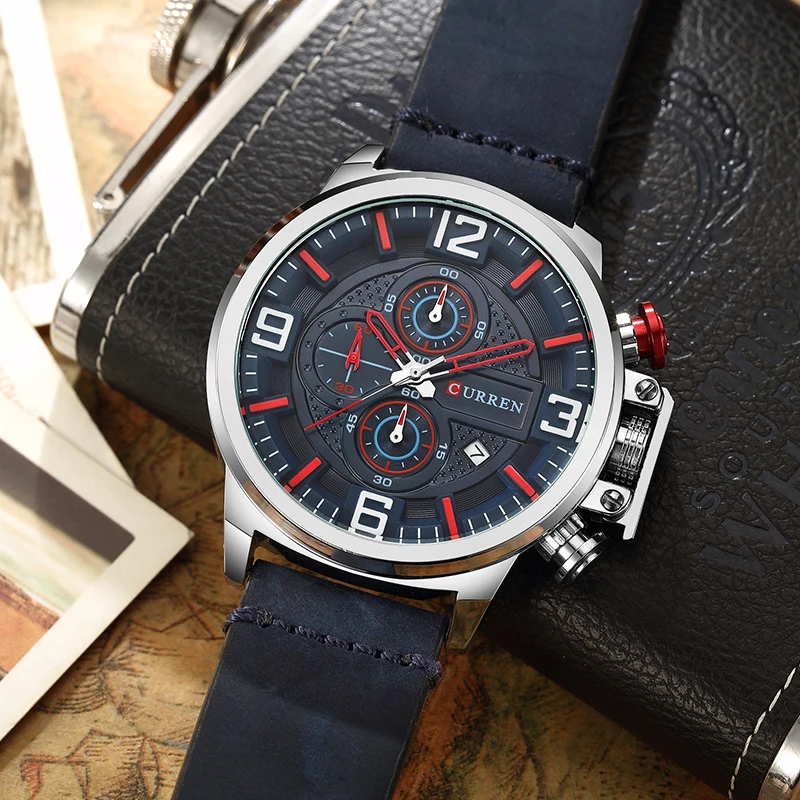 Мужские часы с кожаным ремешком Спортивные кварцевые армейские секундомером 8278 |